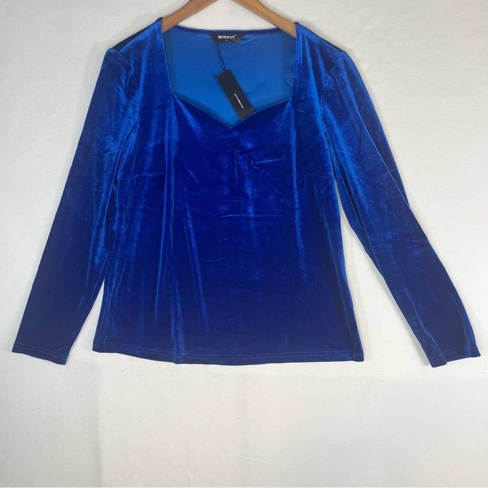 Allegra K Women's Blouse Sweetheart Neckline Blue Velvet Size Large